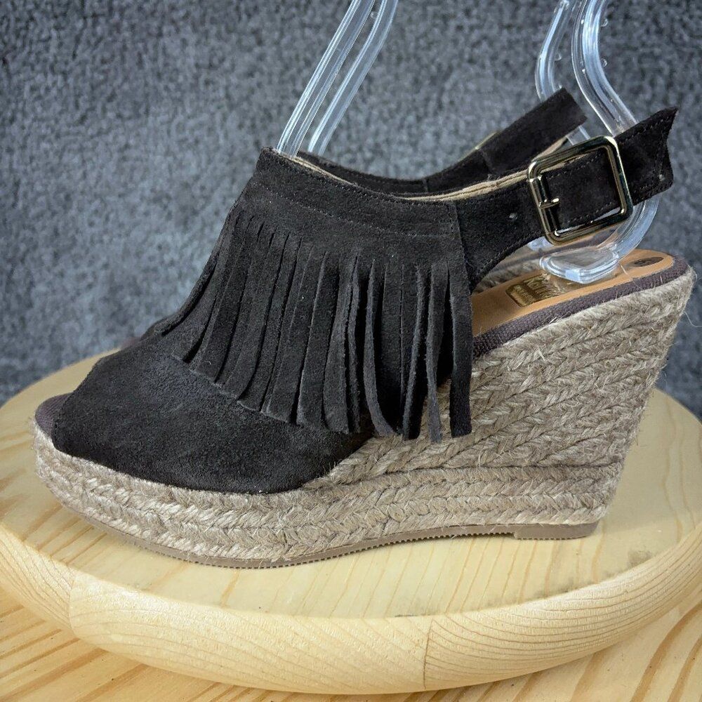 Kanna Wedge Sandal Womens 6.5 Suede Brown Jute Fringe Trim Slingback Espadrille